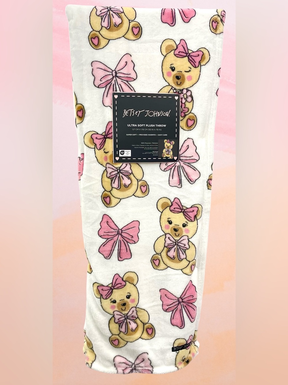 Betsey Johnson Pink Teddy Bears & Bows Ultra Soft Throw Blanket 50 x 70 NEW NWT